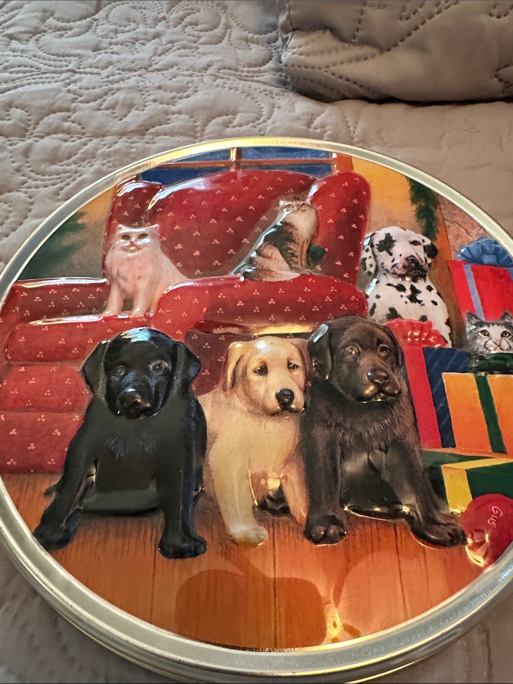 DOGS! Holiday Puppies Decorative Tin filled with a variety of dogs.